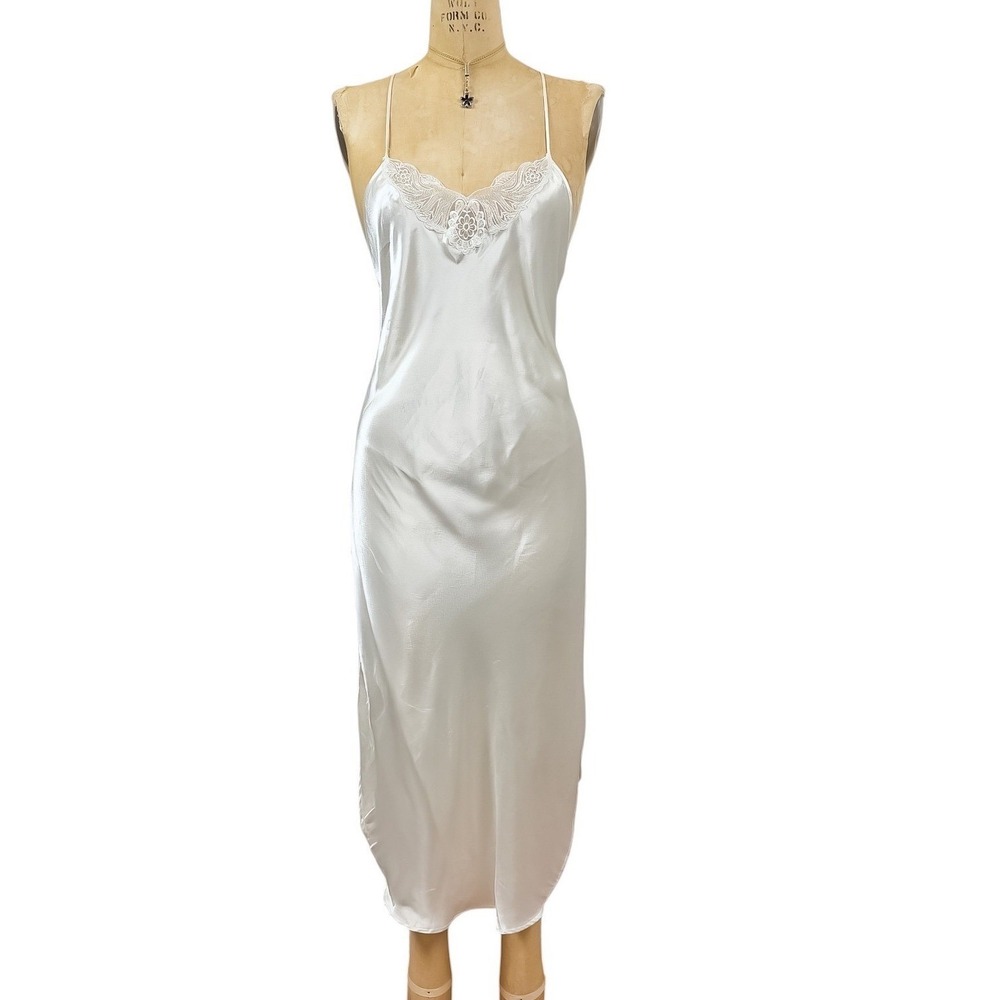 90s Vintage White Lace Trim Satin Slip Dress Angelic Romantic Ethereal Midi M